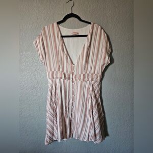 Showpo Dress pink stripes size 12 Buttons, V Neck